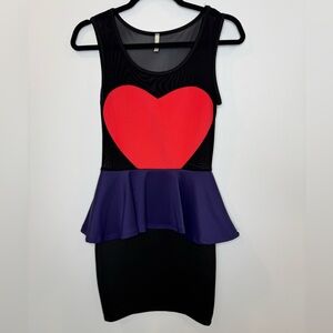 Fun retro heart Black Sheer Top peplum bottom dress by O'Linda size small
